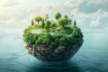 Clean planet. Green energy. Future concept. fantasy scenery with floating islands