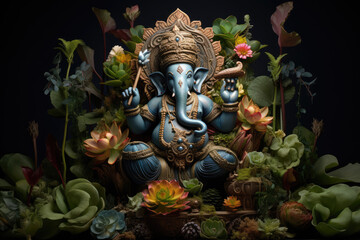 Fototapeta premium Ganesha statue with flowers and plants. Ganesha is a Hindu god
