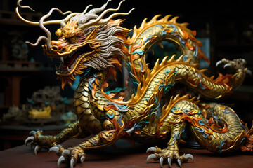 Fototapeta premium Dragon head, closeup of golden dragon head, 3d rendering