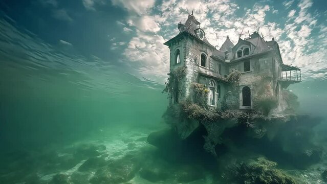 a sunken old mansion underwater in the ocean. Generative AI