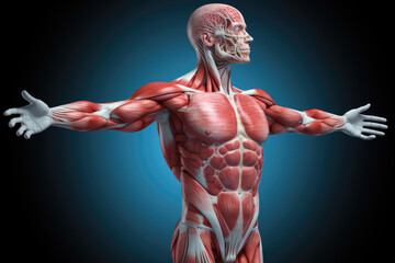 Conceptual Anatomy human body with muscles on blue background