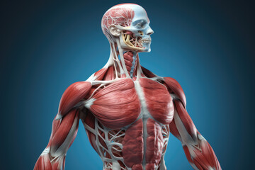 Conceptual Anatomy human body with muscles on blue background - obrazy, fototapety, plakaty