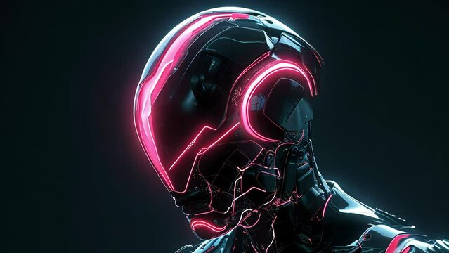 a male cyborg with a glowing neon helmet. purple lines glowing all over his body. Generative AI