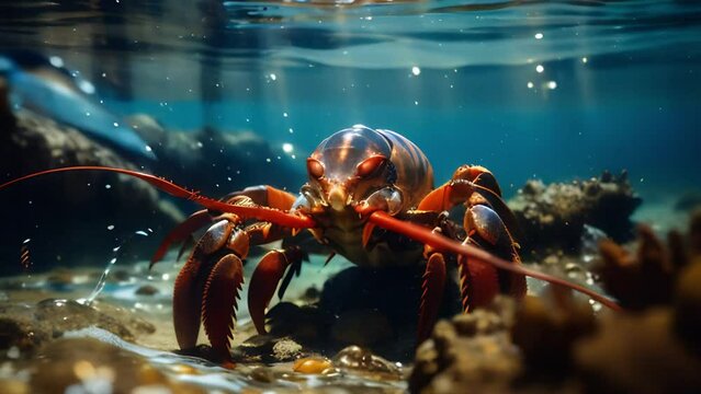 A red lobster swims on the bottom of the sea or ocean. Seafood