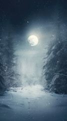 Fototapeta na wymiar Mysterious winter forest at night with full moon. Magical winter landscape