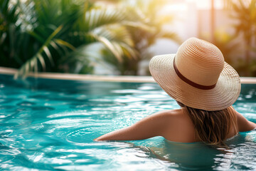 Young woman on vacation in a luxury pool in summer time