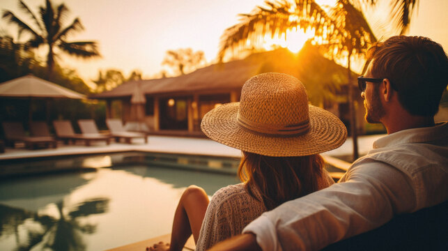 Young couple sitting on a lounger by the pool at sunset