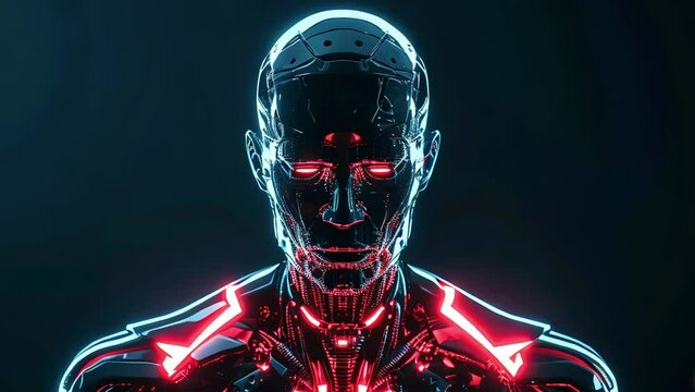 A male cyborg with glowing neon tattoos . Generative AI
