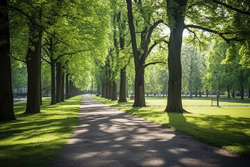 Green park with walkway and trees in spring, closeup of photo - Powered by Adobe