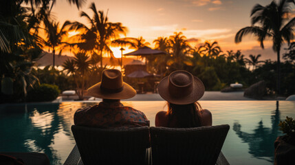 Rear view of a young couple sitting by the swimming pool at sunset - obrazy, fototapety, plakaty