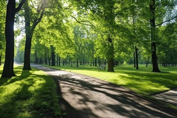 Fototapeta na wymiar Green park with walkway and trees in spring, closeup of photo
