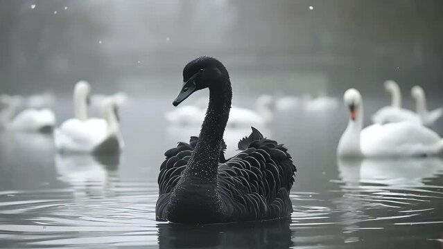 A black swan among white swims in a pond. the concept of uniqueness and unexpected turn of events. Generative AI
