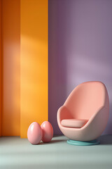 Fototapeta premium Modern minimalist Easter interior of orange sofa and big decorative easter eggs. Complementary color scheme