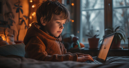 Fototapeta na wymiar kid in the bed in dark room playing in tablet