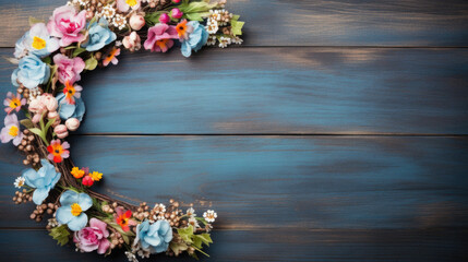 Fototapeta na wymiar Colorful flowers on blue wooden background. Top view with copy space
