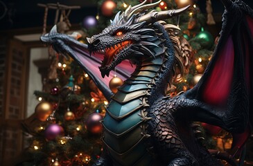 A Dragon-adorned tree with distinctive decorations and glittering lights, creating an enchanting and legendary Yuletide atmosphere.