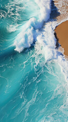 Aerial view of waves crashing on the beach .