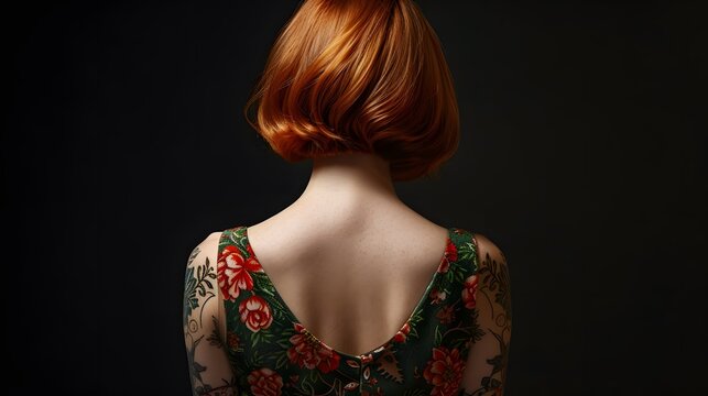 A shot of Cool digital artist from behind, female, secretary, red-haired, bob hairstyle, one side chin length and the other side sidecut, rear view