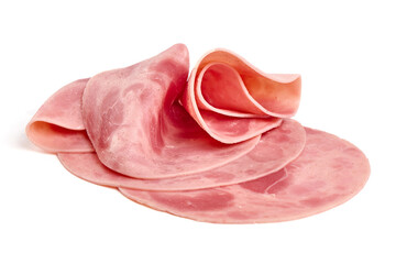 Cooked ham slices, isolated on white background.