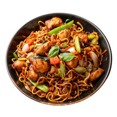Bami, Fried noodles Asian food. Top view. Noodles with chicken and vegetables. Transparent background