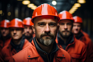 Portrait of factory workers in uniforms wearing and helmets generated AI