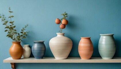 Fototapeta na wymiar a stylish digital illustration showcasing ceramic pots arranged on a shelf against a serene blue wall. Emphasize the home decor and design concept, capturing the harmony between the pottery and the wa