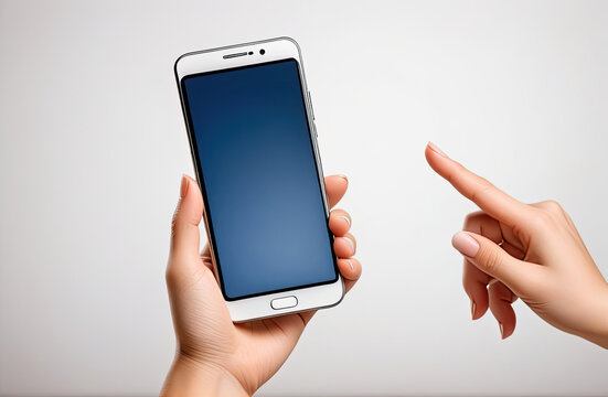  hand holding smartphone with blank screen and modern frameless design two positions angled and vertical - isolated on white background