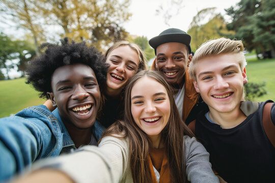 A group of happy, diverse teenagers is posing for a cheerful selfie outdoors, with a backdrop of greenery, all sharing genuine smiles.
