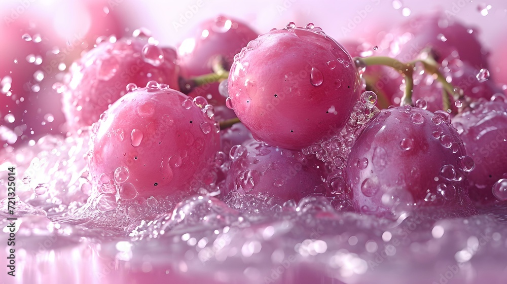 Poster Fresh pink grapes washed under water with bubbles. close-up of juicy fruit cleanse. vibrant natural food photography. perfect for culinary sites. AI