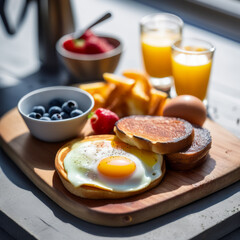 Top view of a nutritious breakfast with eggs on a board