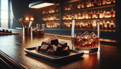 Whiskey on the rocks and chocolate at the bar - obrazy, fototapety, plakaty
