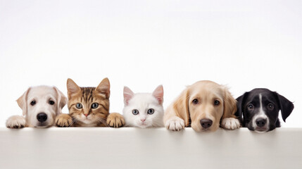 Group of dogs and cats on a white background. Studio shot .