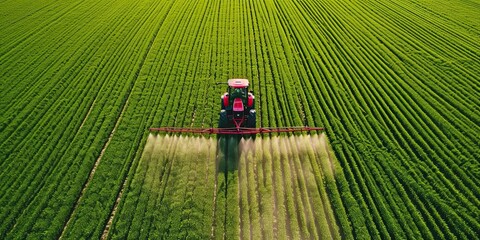 Drone view Tractor spraying fertilizer on a lush green field modern agriculture's efficiency and environmental care