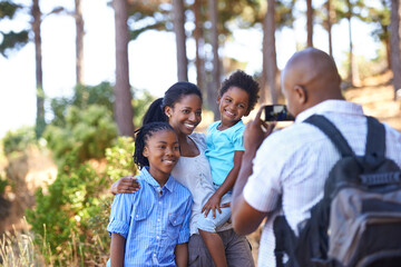 Happy black family, photographer and nature for hiking, bonding or outdoor together for photo....