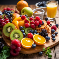 Naklejka na ściany i meble Captured from a top angle, a balanced breakfast is showcased alongside an assortment of fruits on a wooden board. 