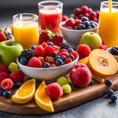 An overhead shot captures a nourishing breakfast accompanied by fresh fruits arranged on a board.
