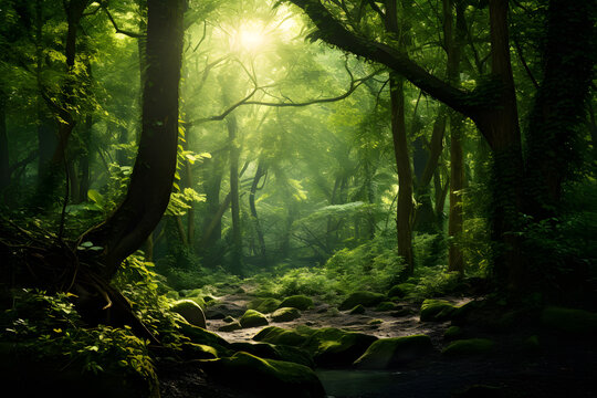 Lush green forest with sunlight filtering through background