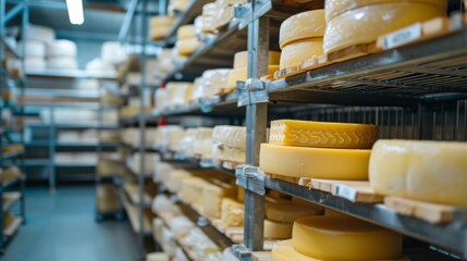 Large storehouse of manufactured cheese standing on the shelves ready to be transported to markets