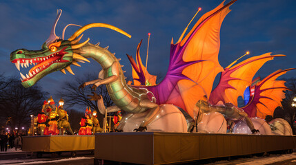 A jovial dragon cavalcade featuring vibrant floats, exuberant entertainers, and a cheerful ambience, delighting the Yuletide roads.