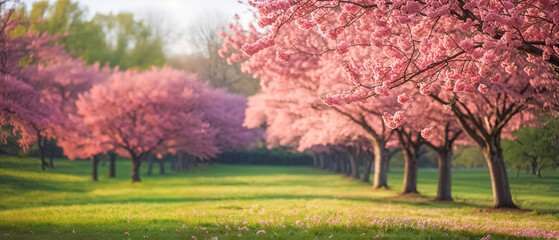 des cerisiers en fleur au printemps dans un parc avec de l'herbe bien verte