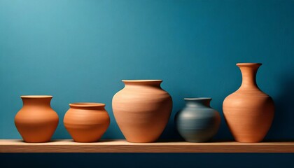 Fototapeta na wymiar pots on a wall.a visually appealing illustration featuring ceramic pots elegantly arranged on a shelf against a calming blue wall. Highlight the home decor and design concept, balancing the aesthetics