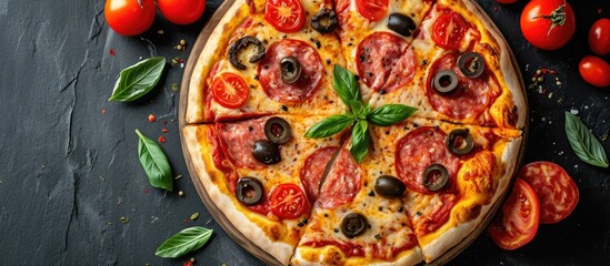 Top view of a pizza with tomato, salami, and olives, sliced.