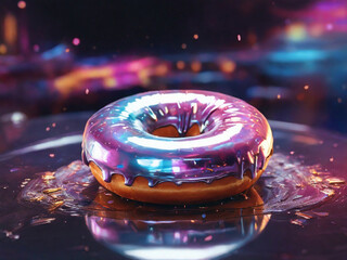 Fototapeta na wymiar Donut in purple holographic glaze on neon background