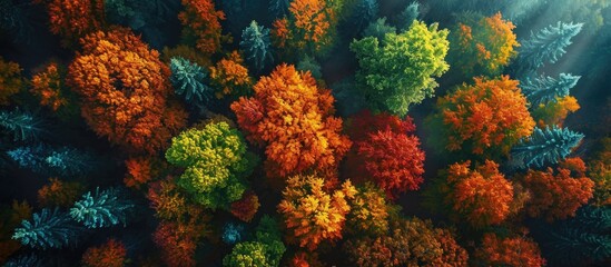 Fototapeta na wymiar An enchanting autumn scene with vibrant forest treetops and glowing colors, seen from above on a sunny day.