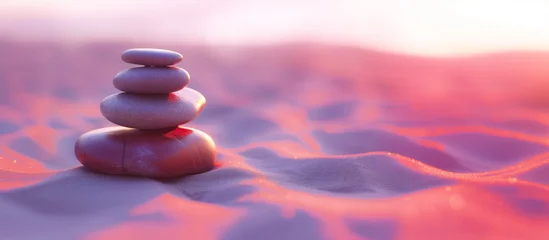 Crédence de cuisine en verre imprimé Pierres dans le sable Stacked stones on serene sandy beach at dusk. Balanced pebbles on tranquil shore symbolizing peace and mindfulness