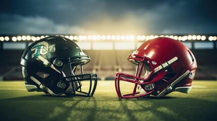 two American football helmets facing each other on football stadium with lights.
