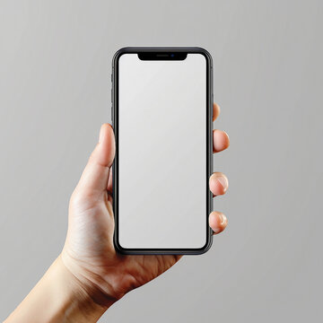 A Hand Is Holding An IPhone. Mobile Phone Mockup. IPhone With Blank Screen Concrete Table. Top View Of A Working Desk. For UX UI. App Design.