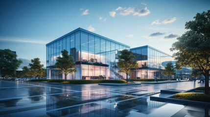 Modern office building with glass facade and reflection on floor .