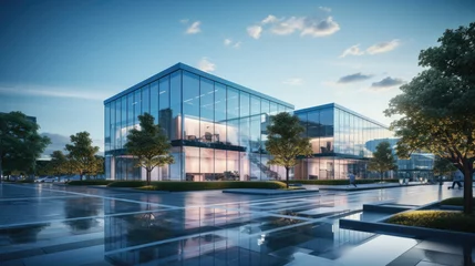 Fotobehang Modern office building with glass facade and reflection on floor . © Art AI Gallery