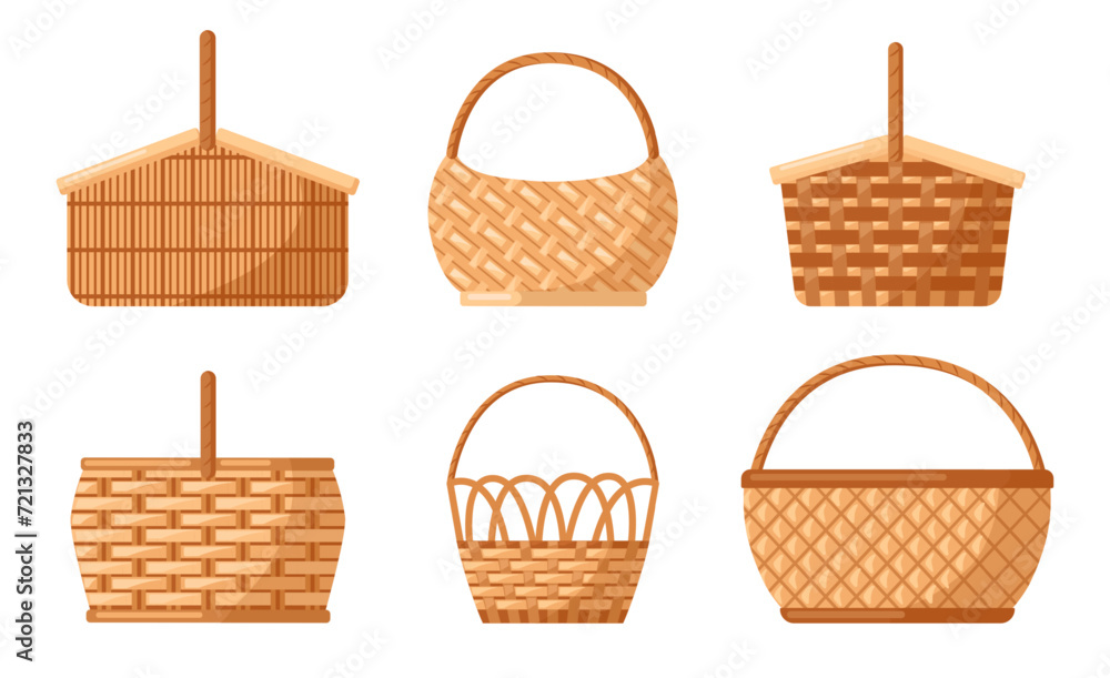Poster wicker baskets set. picnic empty design container